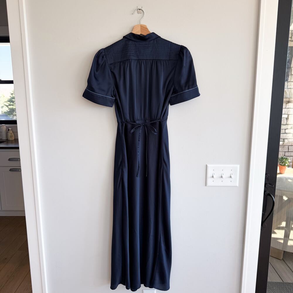 Tuckernuck Woodbine Satin Bellamy Collared Short Sleeve Midi Dress Navy Blue M - Picture 2 of 12